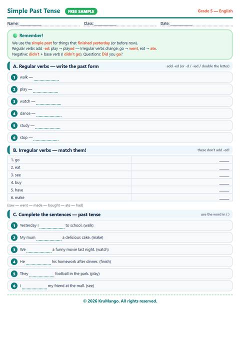 Simple Past worksheet preview - free sample